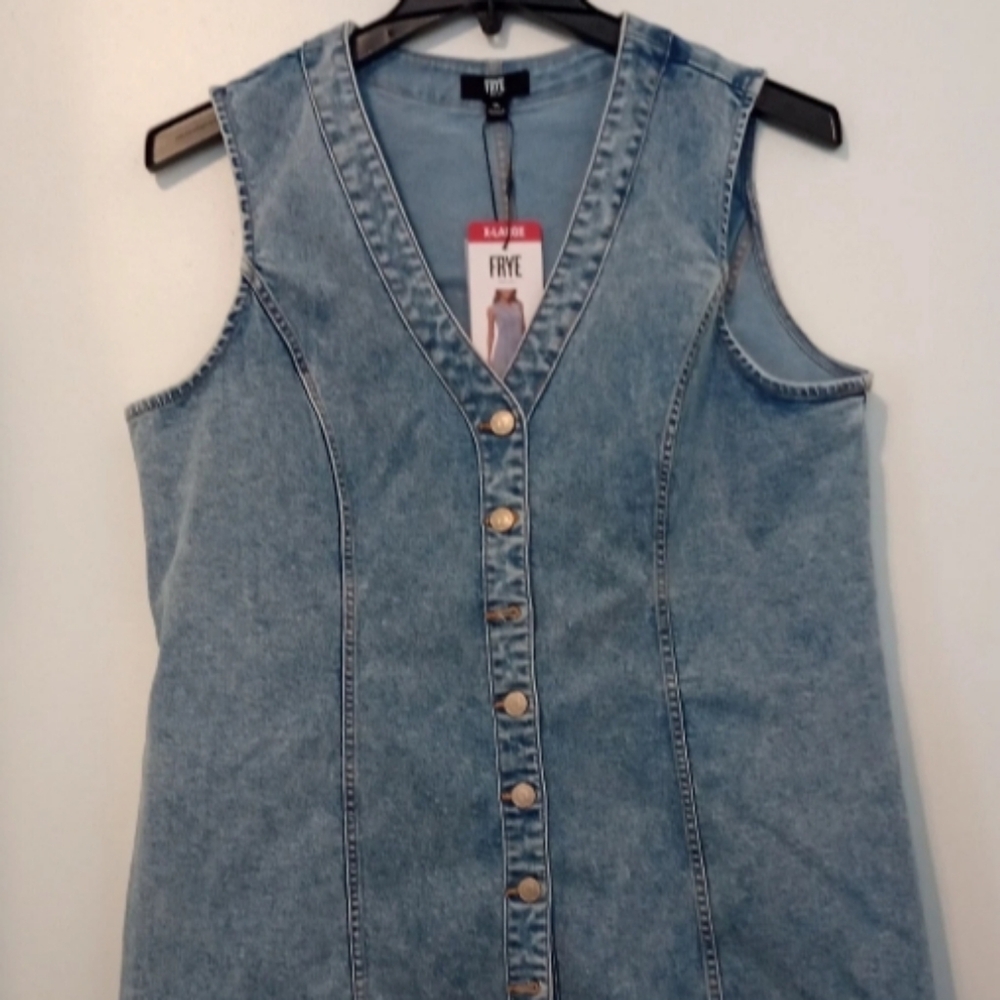 Frye Denim Mini Dress Womens Light Wash Sleeveless Button Front Casual XL -A02 - Picture 8 of 8